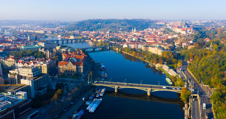 Obraz premium Aerial view of the Vltava river and the capital Prague