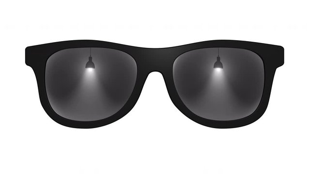 Single swinging lamp reflected in black sunglasses on transparent background with alpha channel.