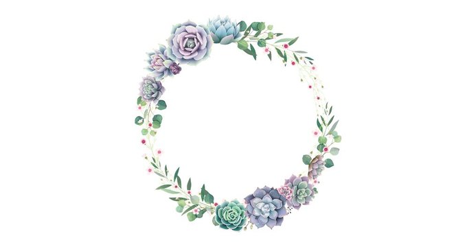 Greenery succulent wreath with Save the date text on white background. 4K animation.