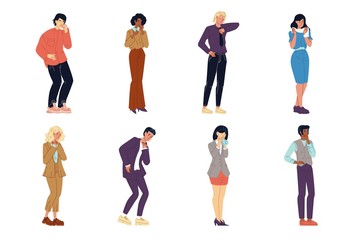 Office workers, employees, students, men, women coughing, sneezing, having cold, flue, respiratory disease. Unhealthy, ill guys, girls covering mouth, nose by hand. Vector set isolated on white.