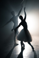 Fototapeta na wymiar Graceful ballerina and her male partner dancing elements of classical or modern ballet in dark with floodlight backlight. Couple in smoke on black background. Art concept.