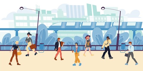 Cityscape, buildings, apartment houses, train, metro, trees, street lamps, walking people. Men, women hurry up to work, speak by phone, going, running. Vector flat illustration. Metropolis, megapolis.