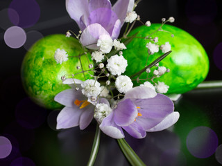 green easter eggs with spring flower crocus on black background. easter greeting card. happy easter
