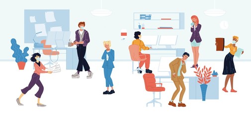 Workers, employees, managers in medical masks sitting at computer desks, carrying papers, cup, going, coughing, sneezing at office. People are afraid of getting infected. Vector flat illustration.
