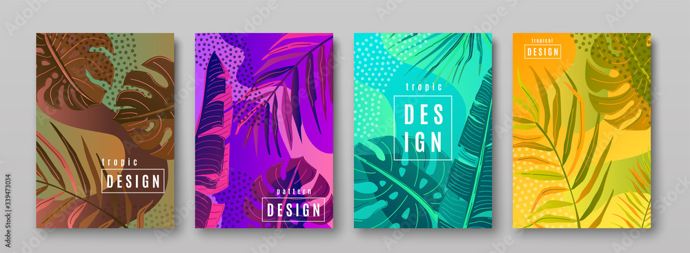 Poster tropic pattern set. collection of tropical backgrounds in simple minimal flat style with jungle plan