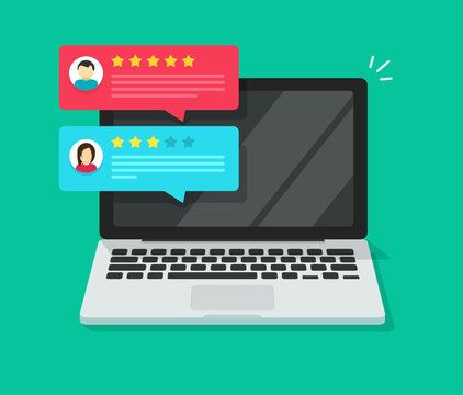 Customer review rating testimonial notices on laptop computer or pc with reputation rank online messages vector illustration flat cartoon isometric, client testimonials, experience or feedback