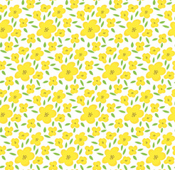 Yellow flower seamless pattern, cute tiny blossom for fabric, fashion textile, feminine print, fresh summer or spring desor, bright plant ornate, romantic. Beautiful vector art. Retro style bouquet