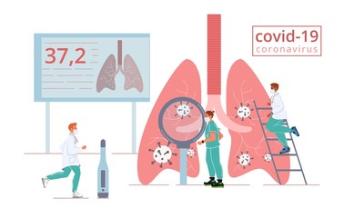 Respiratory covid19 coronavirus attack. Man doctor medical team in mask examine infected human lungs study internal anatomy viral disease complication detect fever symptom. Medicine treatment concept