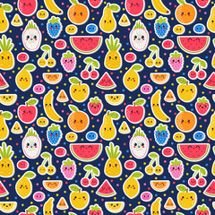 Colorful hand drawn seamless pattern with summer tropical fruit and berries. Kawaii style. Healthy food