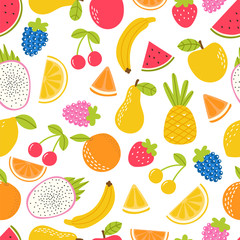 Seamless pattern with cute fruit. Summer tropical healthy food. Texture for textile or wrapping paper