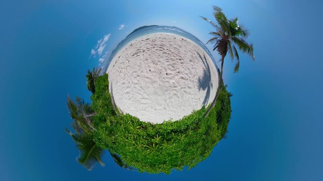 Little planet of stunning tropical white sand beach with palm trees and ocean breeze, azure waters and blue sky, 4K, stereo audio