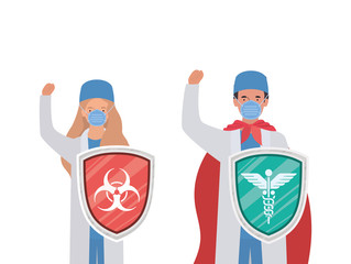 woman and man doctors heroes with cape and shields against 2019 ncov virus vector design