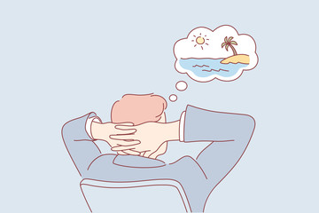 Office work, dream, summer vacation, business concept. Young businessman boy clerk manager working at office and dreaming about summer vacation at sea, ocean coast. Waiting for holiday, travelling.