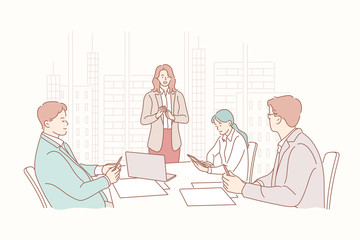 Job interview, HR, meeting, recruiting, training, headhunting business concept. Businesspeople managers listen woman clerk trainer presentation in office. HR recruiters headhunters on job interview.