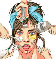 Vector illustration of woman for Cosmetology Clinic. Facial mask and cream or lotion, anti-aging injections and microcurrents, massage and depilation. Syringe and propolis cosmetics, humidification