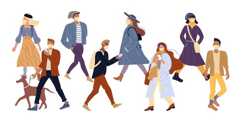 People man woman crowd in protective medical face mask walking, using smartphones on street. Protection from airborne coronavirus epidemic infection, disease, flu, air pollution, contamination in city