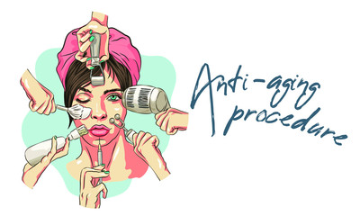 Vector illustration of woman for Cosmetology Clinic. Facial mask and cream or lotion, anti-aging injections and microcurrents, massage and depilation. Syringe and propolis cosmetics, humidification