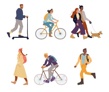 Bundle of active sportive people. Man woman walking, airing dog on leash, riding bicycle, push kick scooter, roller skater. Positive multi-ethnic characters different generation on walk isolated set