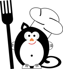 Fat black cat chief cooker with fork