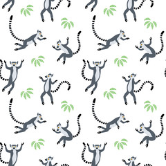 Exotic Madagascan lemurs in the tropics. Vector seamless pattern on the white background