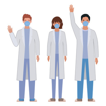 Men and woman doctor with uniforms and masks vector design