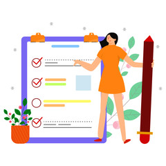 Business young woman with a pencil on  shoulder nearby marked checklist on a clipboard paper.