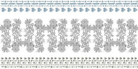 Stylish white  floral kalamkari ornament pattern on black background. Vector surface design for fabric, apparel textile, book, interior, wallpaper