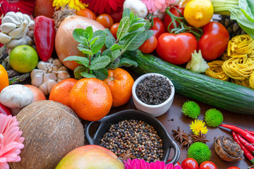 Colorful composition of assorted vegetables: tomato, egg,garlic,lemon,  photography. No people. Healthy eating concept. Organic and fresh food concept.on  background