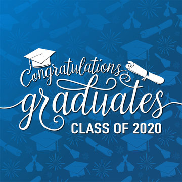 Congratulations graduates 2020 class of vector illustration on seamless grad background, white sign for the graduation party. Typography greeting, invitation card with diplomas, hat, lettering