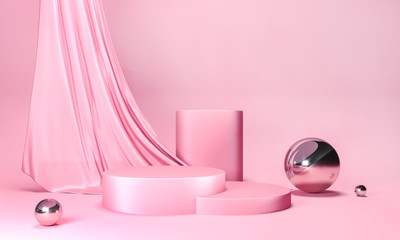 Round podium on pink pastel background. Elegant red silk fabric flow, falls to surface. 3d render illustration. Empty pedestal, stand for mockup products. Copy space on delicate luxurious satin