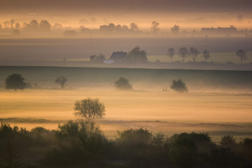 Landscape with foggy morning on the fields in Vistula River Valley in Gniew, Pomorskie, Poland
