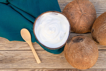 Yogurt with spoons,Healthy breakfast with Fresh greek yogurt, muesli on background