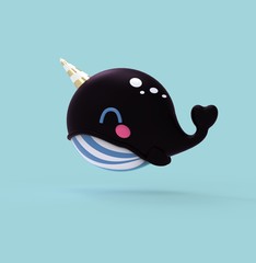 3d rendering illustration of kawaii whale, narwal in the sea. Cute cartoon character whale and vaquita © beingeniusloci