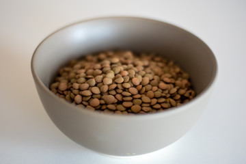 brown lentils in gray bowl