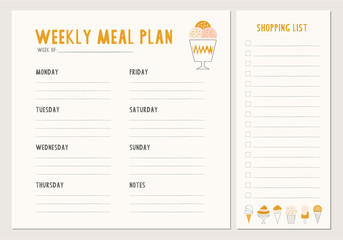 Weekly meal plan. Menu and shopping list template.