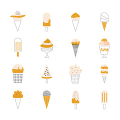 Set of cute ice cream. Vintage menu style. Abstract geometric shapes. Contemporary bakery design. Vector isolated illustration.