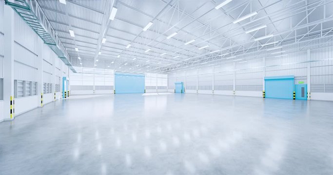 Industrial building i.e. hangar, factory, warehouse. Protection with roller door or shutter. Modern interior design with concrete floor, metal wall and empty space for industry background. 3d render.