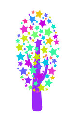 Vector abstract neon tree from different stars. Game UI flat. Illustration for logo, poster, 2D games, postcards