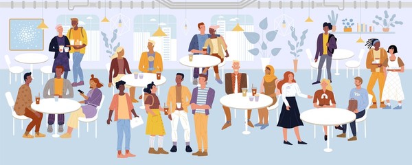 Young men, women, students, romantic couples, business people spending time in cafe, dining area, food court. Visitors chatting, eating, negotiating, carrying food trays vector flat illustration.