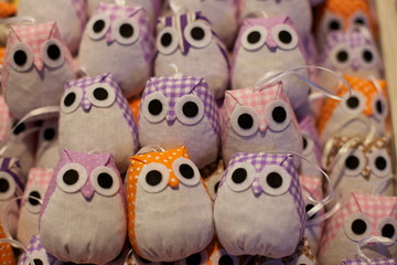 Fototapeta na wymiar Fabric owls filled with dried lavender for fresh smell
