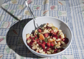 fruit salad fruit strawberries banana apple kiwi freshly prepared