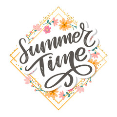 Green summer time letter flowers in modern style on colorful background. Greeting invitation vector illustration. Floral bouquet decoration. Decoration element.