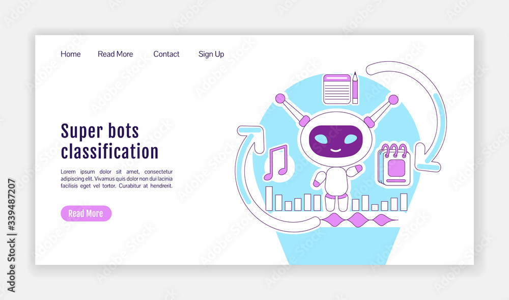Poster super bots classification landing page flat silhouette vector template. personal virtual assistant h