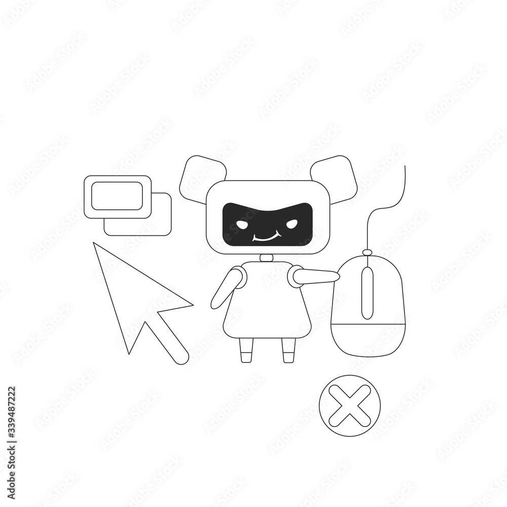 Poster click bot thin line concept vector illustration. internet marketing fraud, visitors farming. bad rob