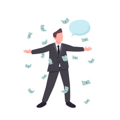 Male millionaire flat color vector faceless character. Winner in money rain. Falling cash on man. Person with speech bubble isolated cartoon illustration for web graphic design and animation