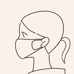マスクをしたポニーテールの若い女性　線のみ　シンプル