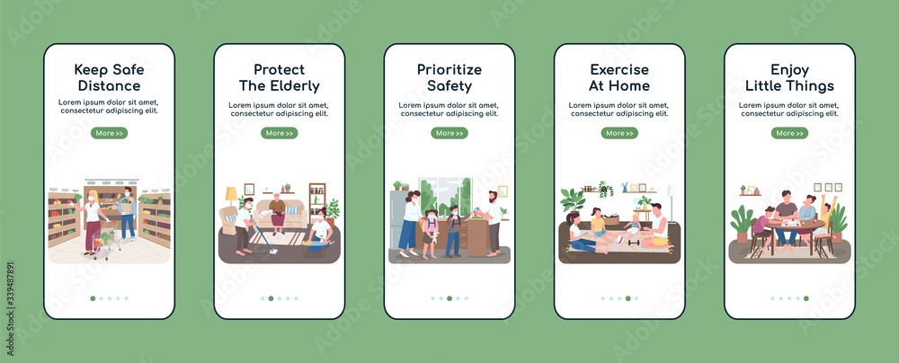 Aufkleber quarantine measures onboarding mobile app screen flat vector template. keep safe distance. walkthrou
