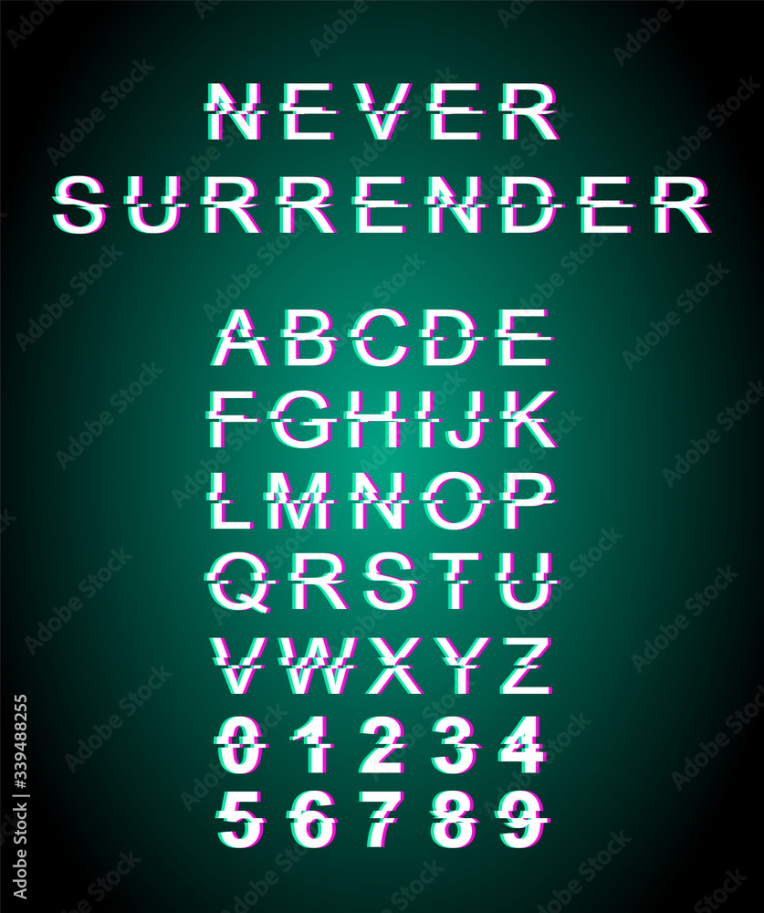 Poster never surrender glitch font template. retro futuristic style vector alphabet set on green background