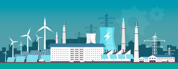 Eco friendly power plant flat color vector illustration. Alternative energy factory 2D cartoon landscape with wind turbines and solar panels on background. Environmentally safe electricity source