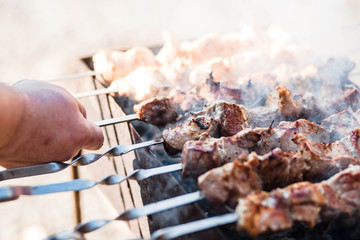 Barbecue. Meat. Grill. Roasting. Fire. Cooking kebab. Meat background.